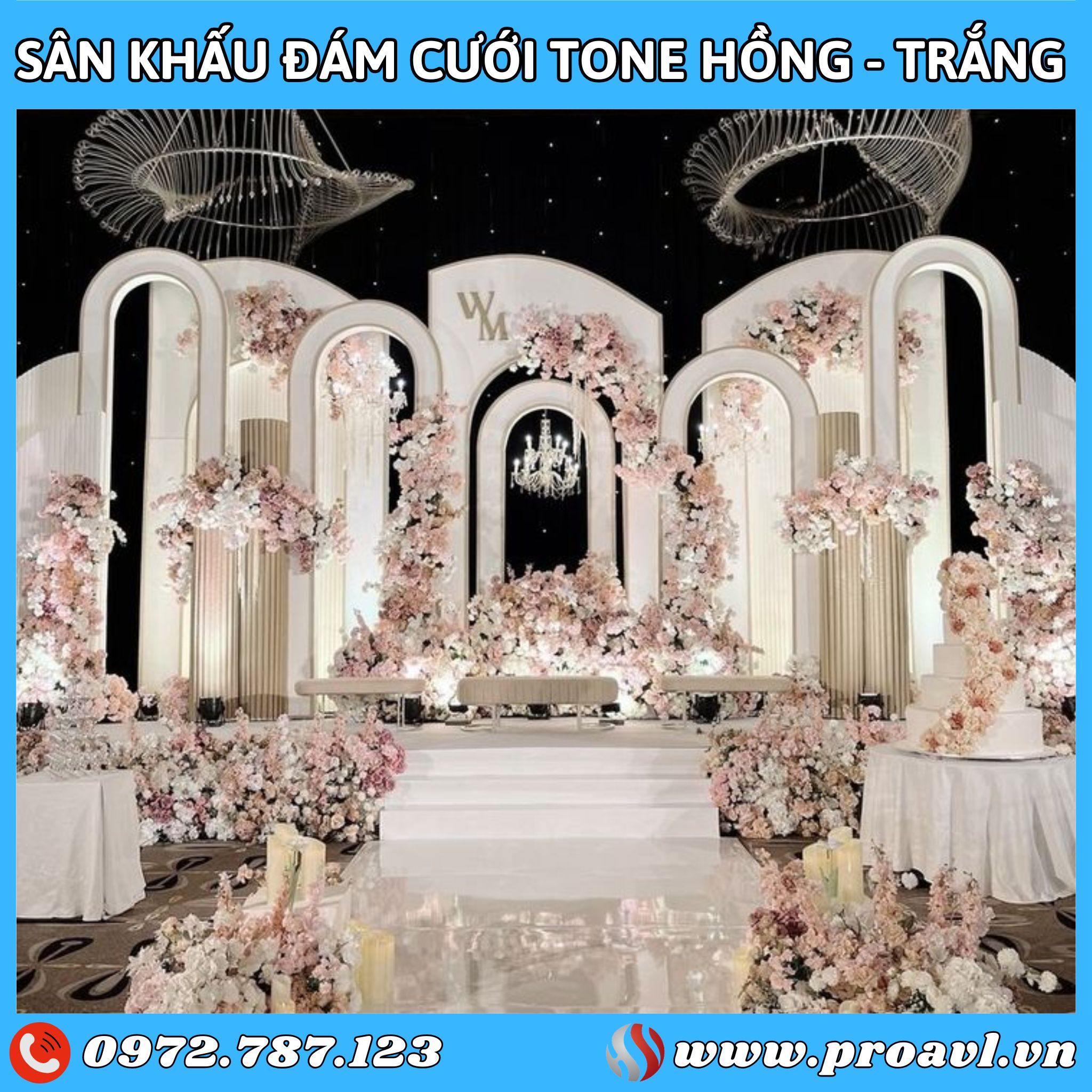 Sân khấu đám cưới tone hồng - trắng