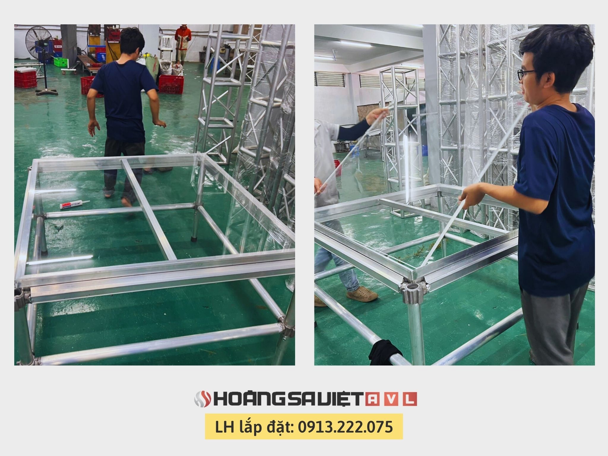 Hình ảnh sân khấu kính cường lực tại kho xưởng HSV ProAVL